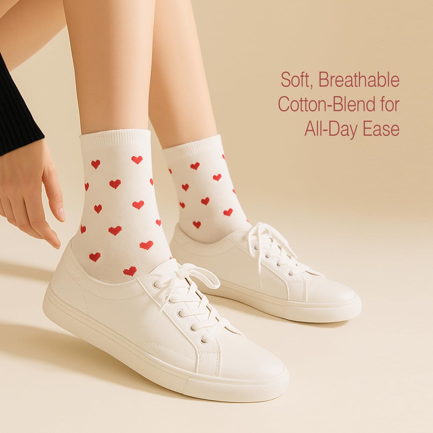 LAVIENTOES Women’s Cute Heart Pattern Crew Socks – 3 Pairs Colorful Novelty Gift Set – Soft Cotton Cozy Socks for Casual Wear