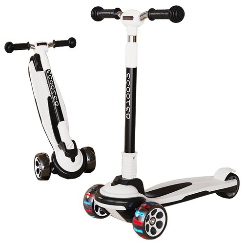 CLrkualn Kick Scooter for Kids Ages 3-12, 5 Adjustable Height Foldable Scooter with 3 LED Light Wheels, Outdoor Activities for Toddlers Boys Girls, Max Load up to 165 lbs (Black and White)