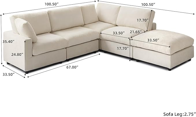 WJShome Cloud Couch Modular Sectional Sofa,100.5" V Shaped Couch, Convertible Wide Seater, 5 Seater for Living Room Set,Covers Washable&Replaceable,Beige