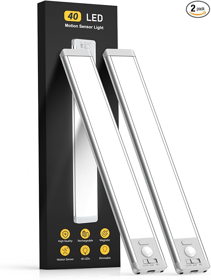 MCGOR 10inch Under Cabinet Lighting, 2 Pack Rechargeable Motion Sensor Light Indoor, 5 Levels Dimmable Magnetic Closet Lig...