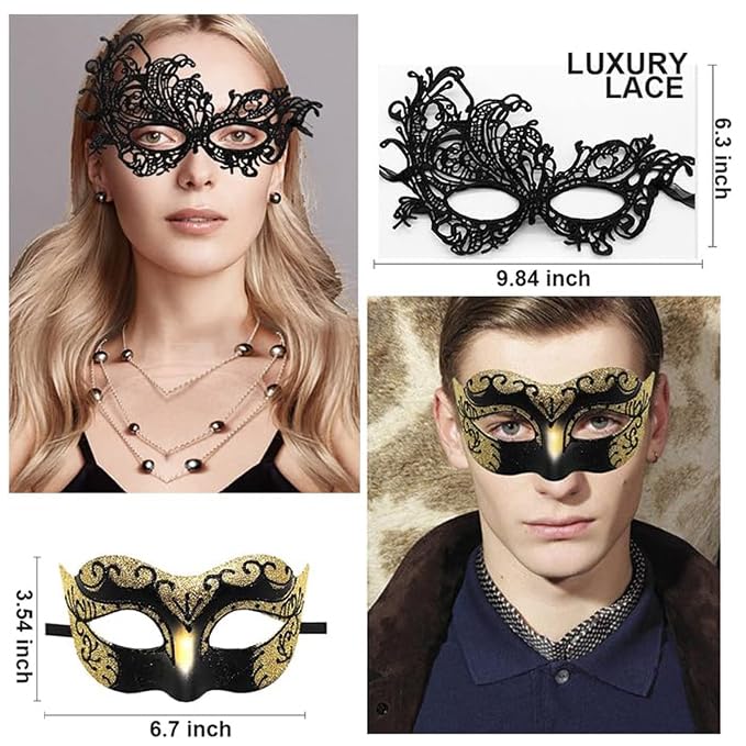 Masquerade Mask for Couples Lace Eye Mask Venetian Carnival Halloween Mask Party Ball Prom Mask Costume Mardi Gras 2Pack