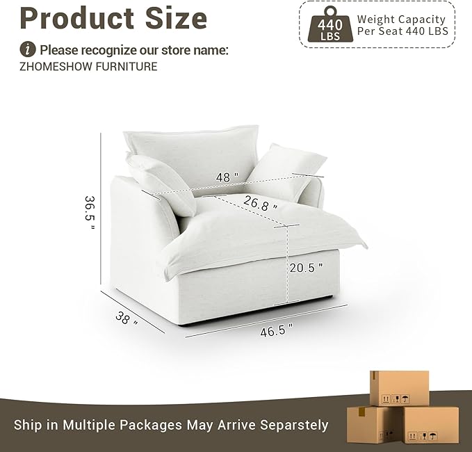 Lopzeho Oversized Cloud Modular Sectional Sofa, Comfy Down Filled Cloud Couch with Removable Cover, Deep Seat Armchair, Single Sofa Chair, Sectional Couches for Living Room, Cream White