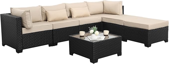 Lviden 7 Pieces Outdoor PE Wicker Furniture Set Patio Rattan Sectional Conversation Sofa Set with Khaki Cushions and Glass Top Table
