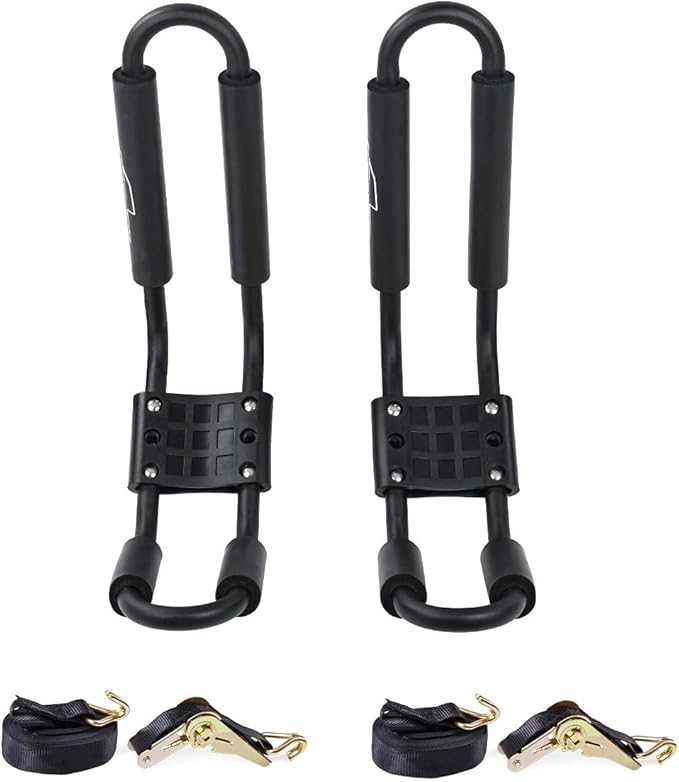 AA-Racks J-Bar Rack Roof Top Mount with 16 Ft Ratchet Lashing Straps, Folding Carrier for Your Canoe, SUP and Kayaks on SU...
