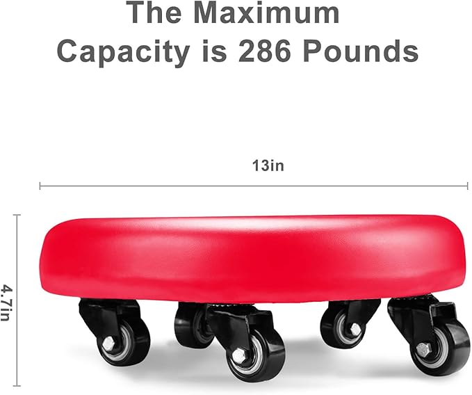 IMMER LIEBEN Low Rolling Stool with Wheels Low to Ground Roller Seat with 5 Universal Swivel Caster Wheels for Home Office Garage Shop Stools PU Leather High Density Cushion and Steel Red