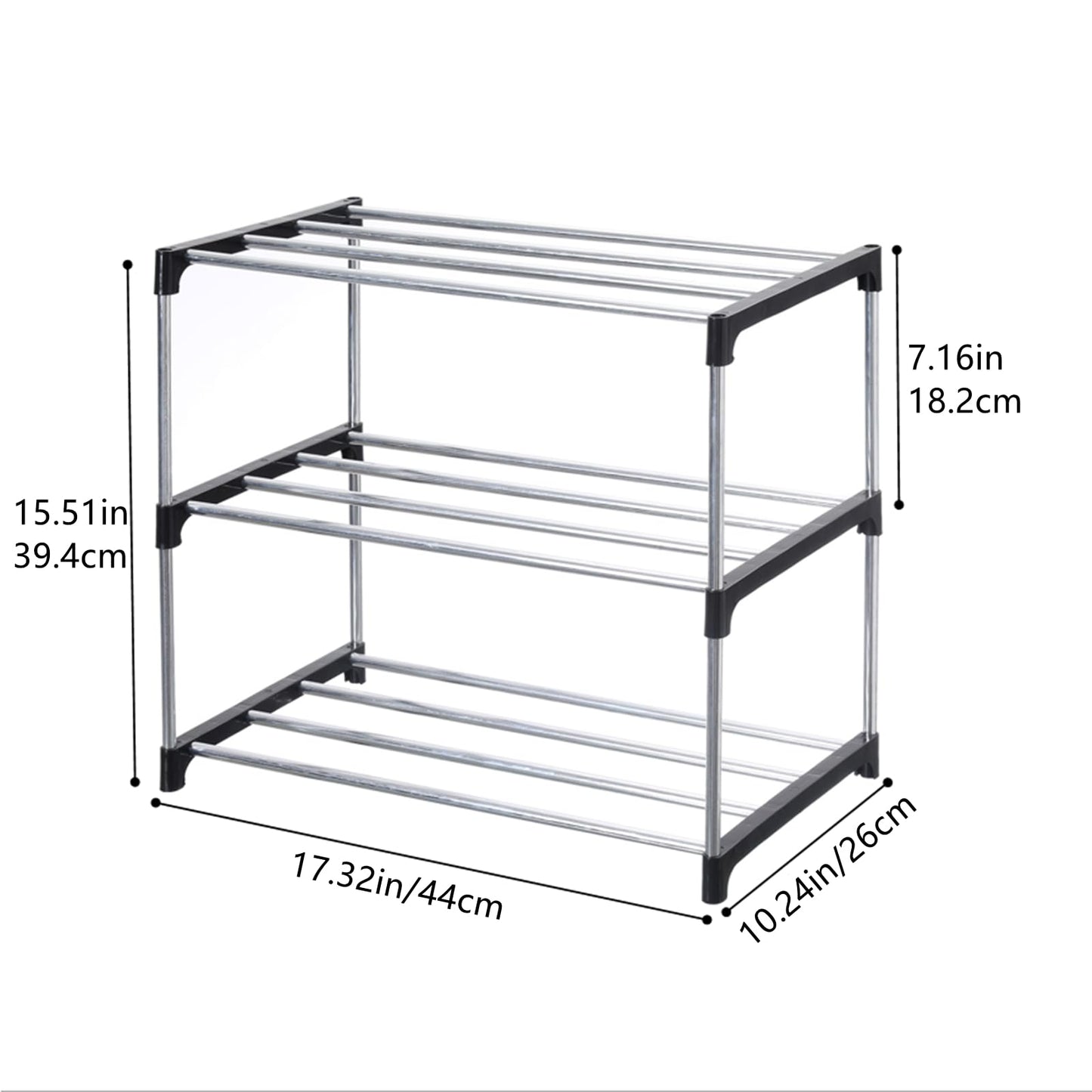 Jucaifu Stackable Small Shoe Rack, Entryway, Hallway and Closet Space Saving Storage and Organization (3-Tier, Black)