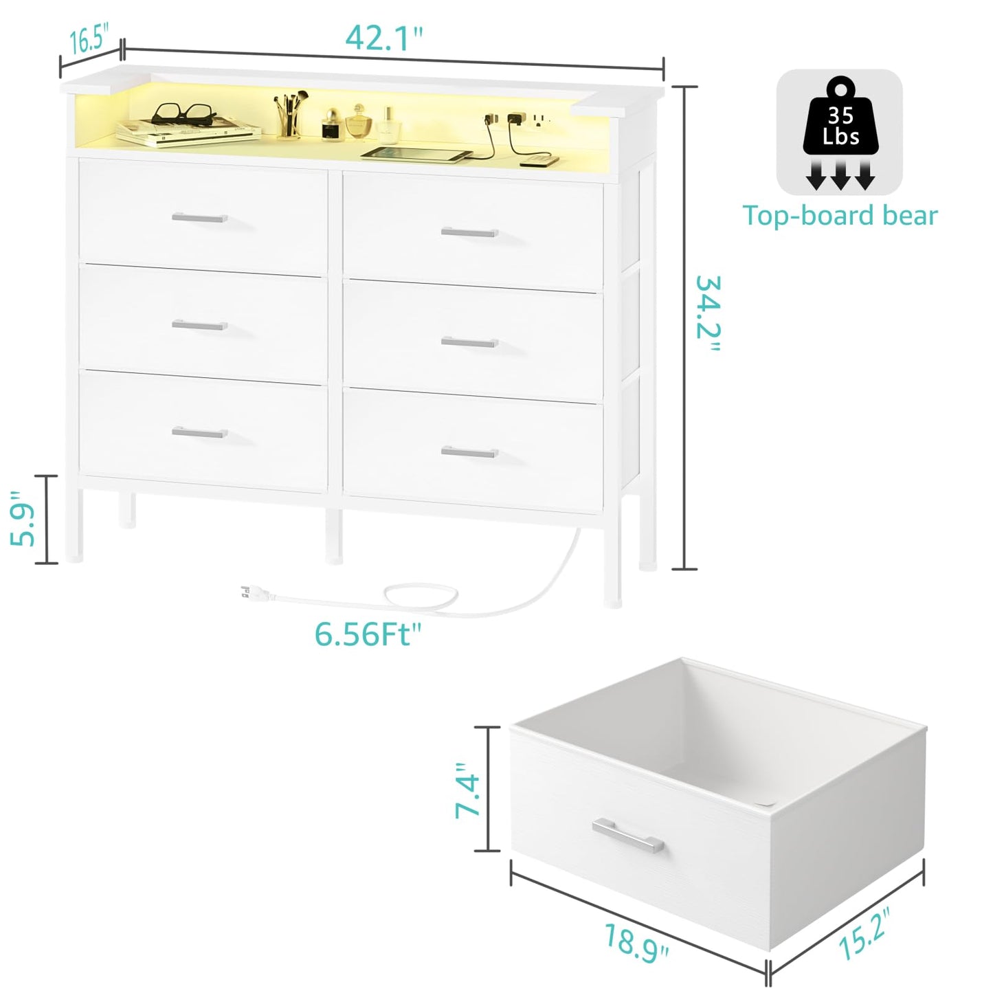 BOLUO White Dresser with LED Light and Charging Station for Bedroom 6 Drawer Dresser with USB Outlet, Fabric Dressers & Chests of Drawers Modern