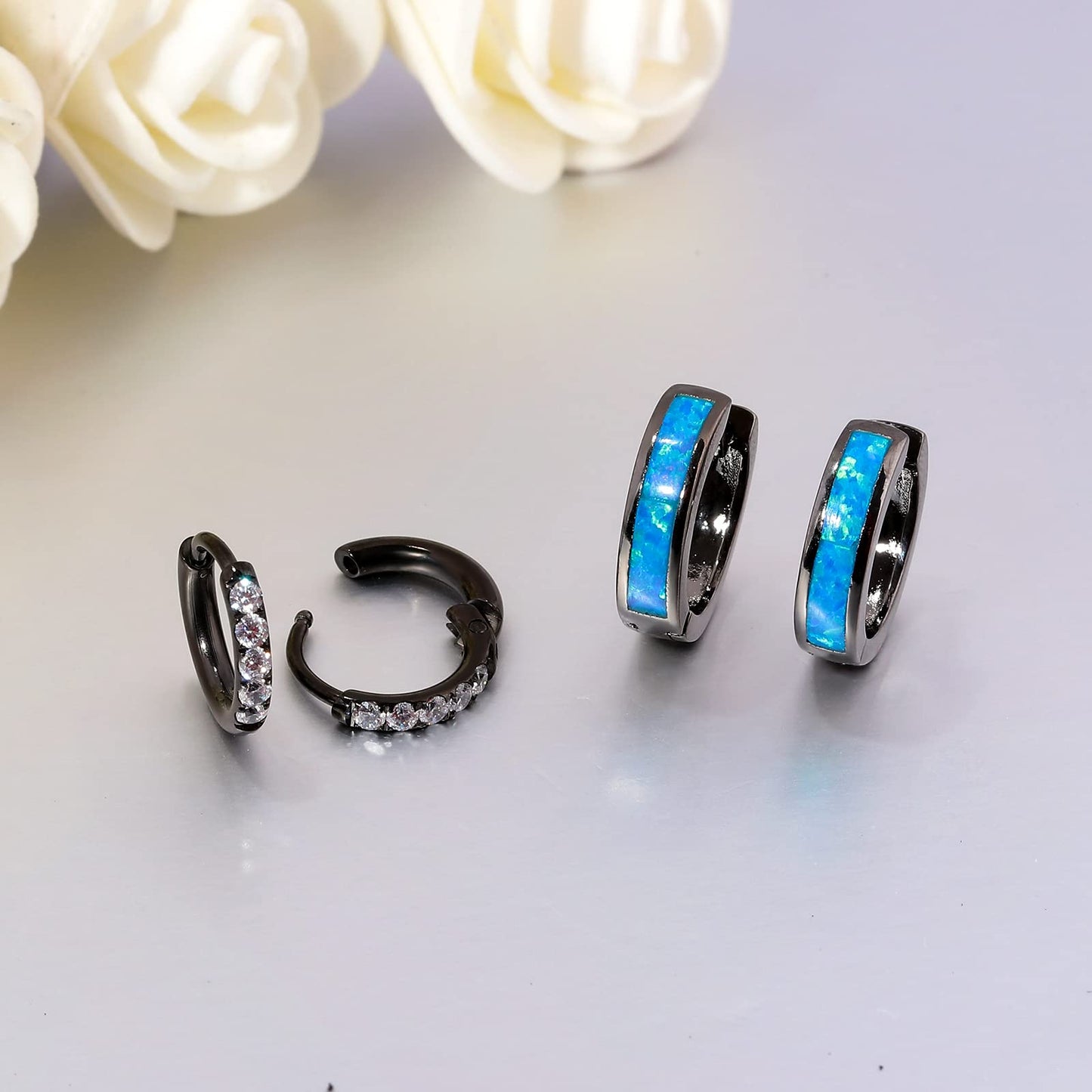 CiNily 2 Pairs Small Hoop Earrings Set Hypoallergenic Black Gold Plated Blue Opal Hoops Surgical Stainless Steel Cubic Zirconia