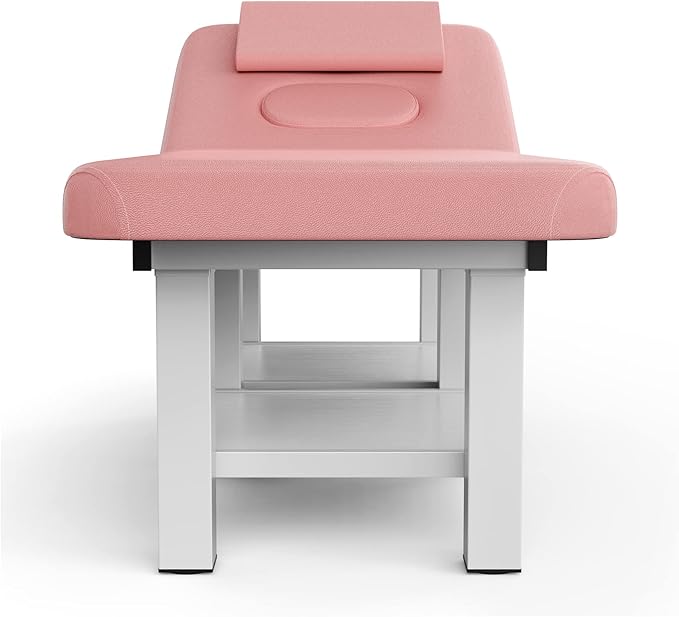 Stationary Massage Table with Backrest and Storage Space, 6 Square Legs Metal Frame PU Leather, 31.5'' Wide × 75'' Long for Treatment Table Physical Therapy Table Spa Facial Bed, Pink