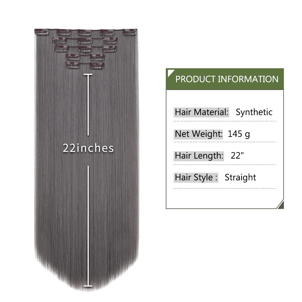 HSPJHTM Clip-in Hair Extensions, 22" Dark Gray Synthetic Straight Hair, 5PCS for Full Head