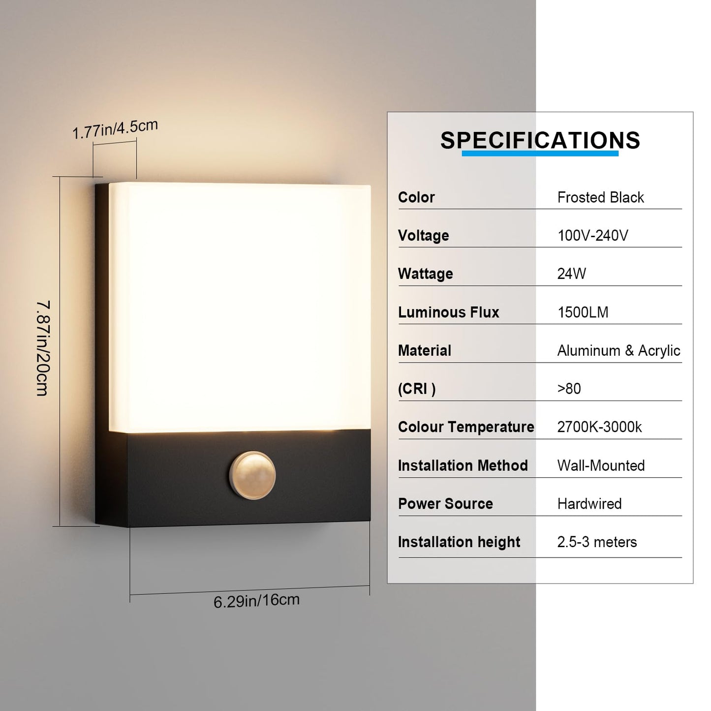 Aoceley 2-Pack Modern Outdoor Led Wall Light with Motion Sensor,24W 3000K Wall Porch & Patio Lighting,IP65 Waterproof Hardwired Exterior Aluminum Wall Lamp for House Yard Hallway Garden Garage(Black)