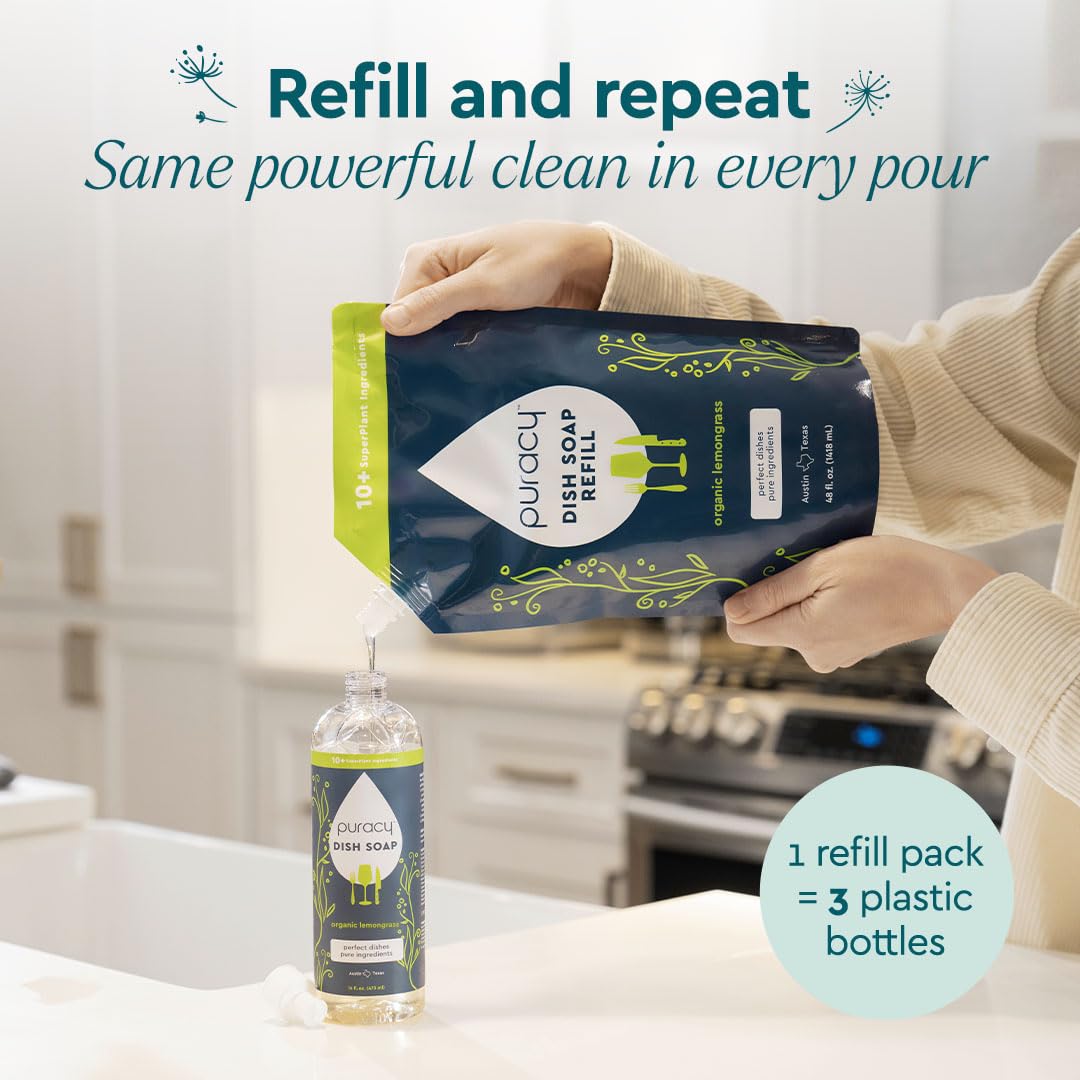 Puracy Natural Dish Soap Refill - Skin-Softening Plant-Based Liquid Dishwashing Detergent Soap, Clean-Rinsing Water-Sheeting Formula (Organic Lemongrass, 48 fl oz)