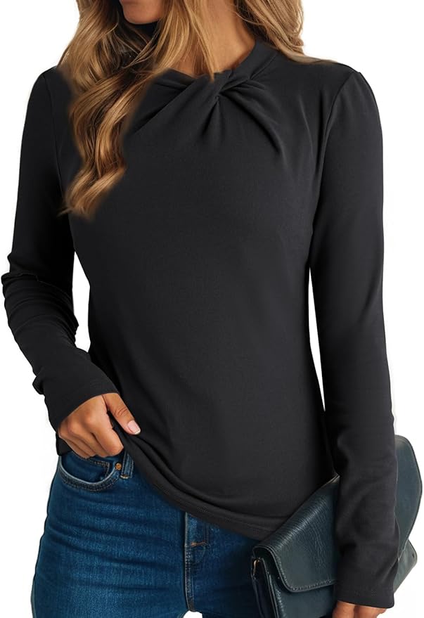 Dokotoo Womens Tops Business Casual Outfits Long Sleeve Shirts Mock Neck Twist Knot Slim Fit Soft Stretch Tees Blouses