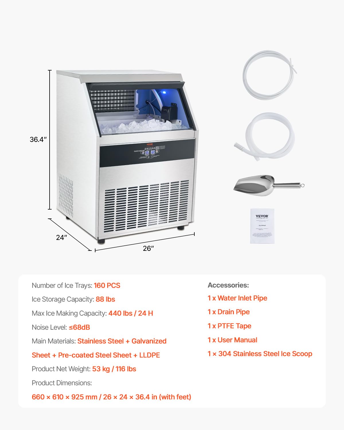 VEVOR 440lbs/24H Commercial Ice Maker, 160 Ice Cubes in 15 Minutes, Freestanding Ice Maker Machine with 88lbs Large Storage Capacity for Bar Office Restaurant, with LED Digital Display & Self-Cleaning