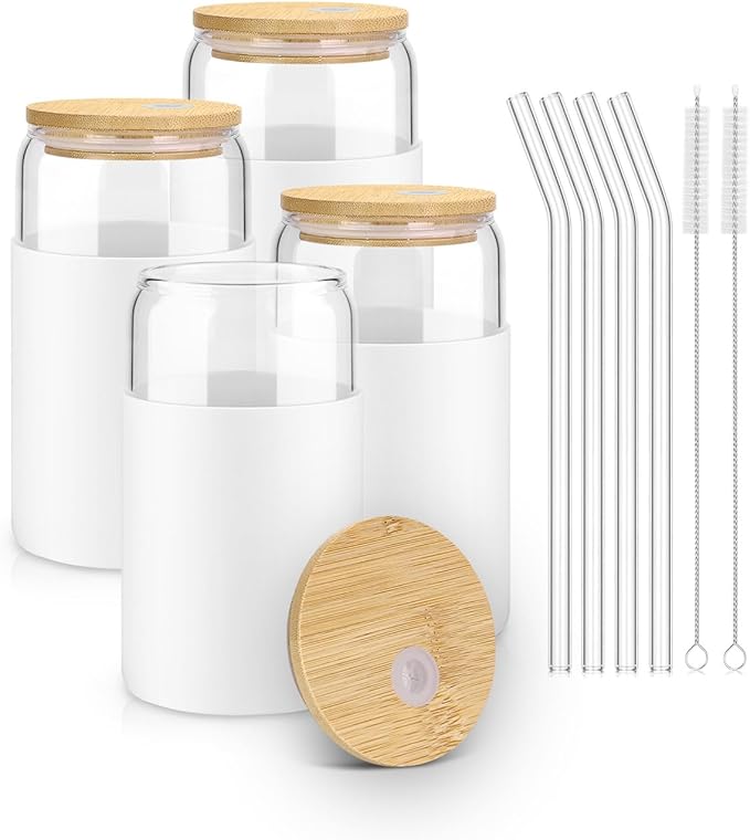 sungwoo Glass Cups with Lids and Straws, 4 Pack 16OZ Iced Coffee Cups with Silicone Sleeve, Glass Tumbler with Straw and B...