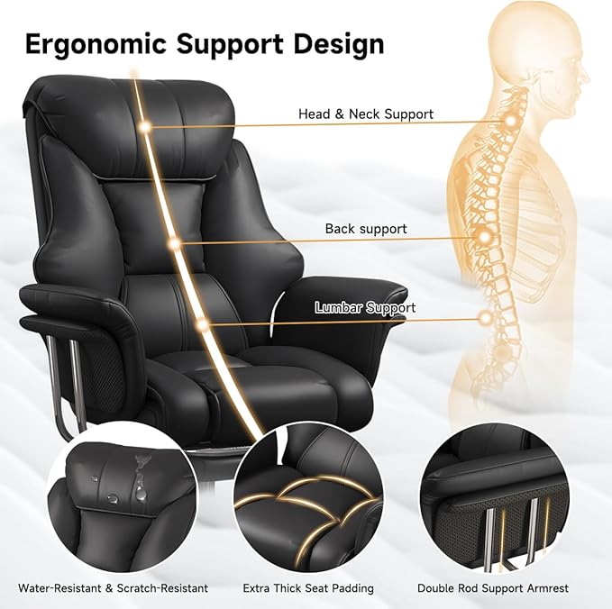 HDHNBA Big and Tall Office Chair 550 lbs Extra Wide Leather Executive Chair with Retractable Footrest, Heavy-Duty Ergonomic Chair, Adjustable Height Computer Gaming Chairs