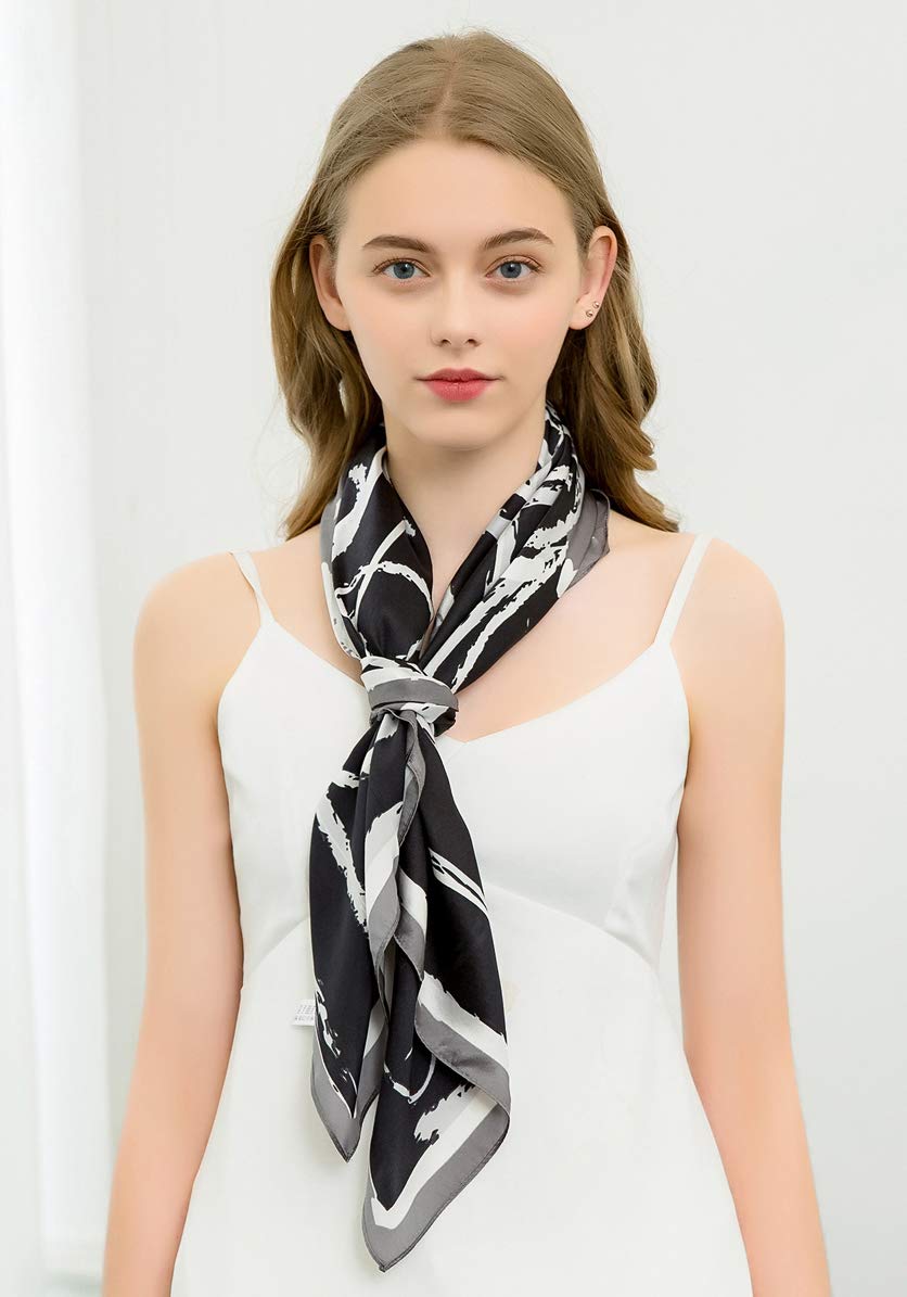 ANDANTINO 100% Pure Mulberry Silk Scarf 35" Large Square Real Silk Headscarf –Women’s Hair Scarves and Wraps (Black)