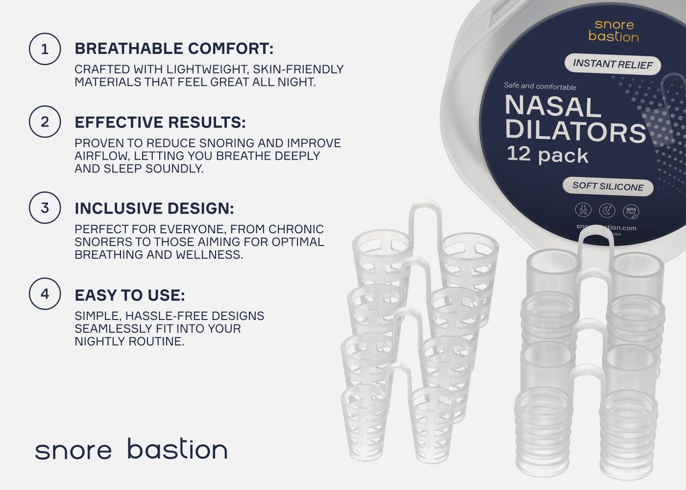 Snore Bastion Nasal Dilators for Sleeping - 12 Nasal Cones for Breathing - Nostril Opener and Soft Silicone Nose Vents for Quiet Nights and Restful Sleep - Sinus Cones