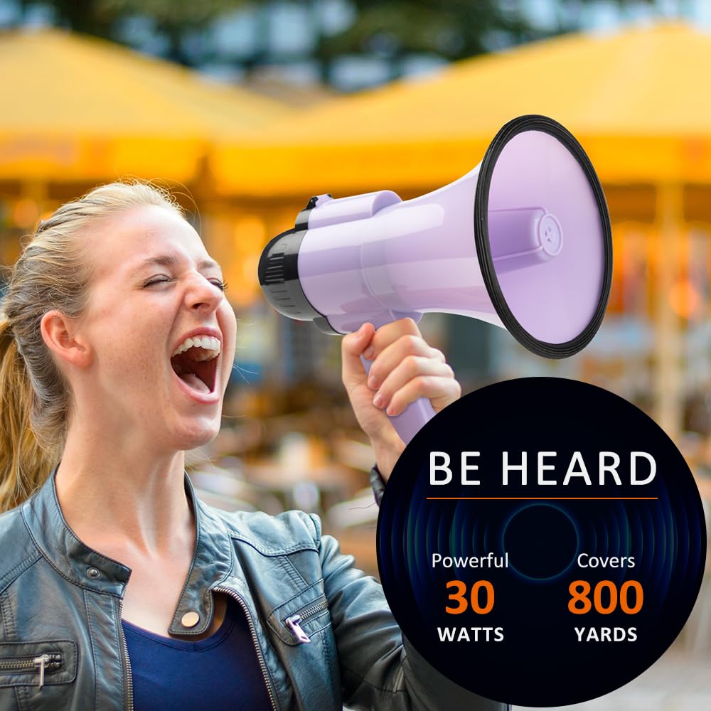 30 Watt Power Portable Megaphone Bullhorn Speaker Voice, Siren/Alarm and 240S Recording with Volume Control and Strap (Purple)