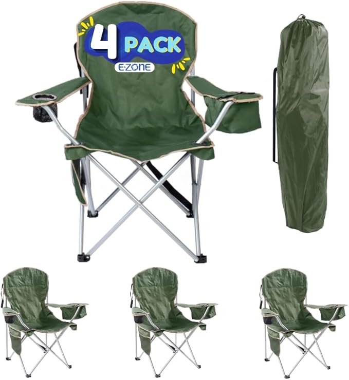 EZONE 4-Pack Camping Chairs with Built-in Ice Cooler, Portable Chair, Storage Pocket, Cup Holder, and Carry Bag Perfect for Camping, Tailgating, Fishing, Beach, and Lawn (4, Olive Green)