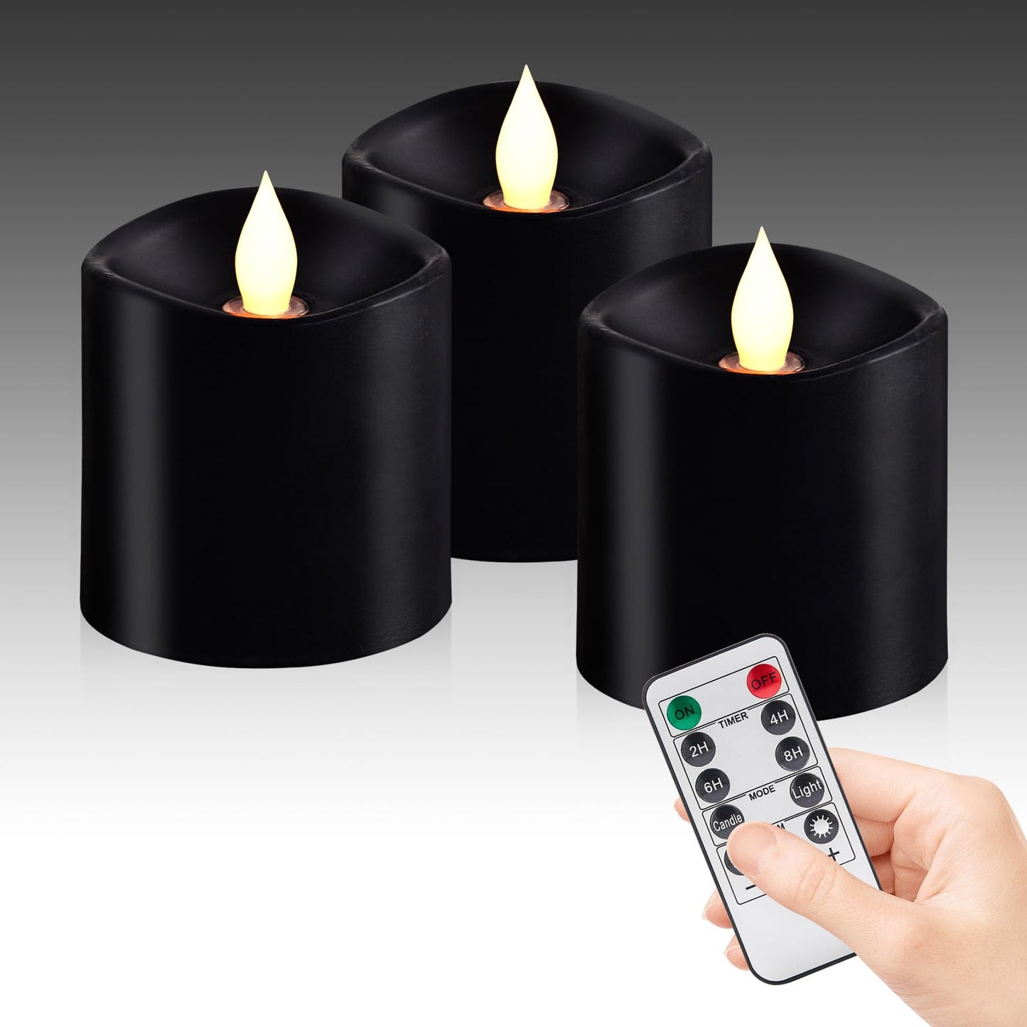 Woocodowe 3inch Black Pillar Flameless Candles - 3D Flickering, Remote Timer, Battery Operated, 600+ Hours, Halloween & Gothic Themed Decor (Black, 3"*3"-3pcs)