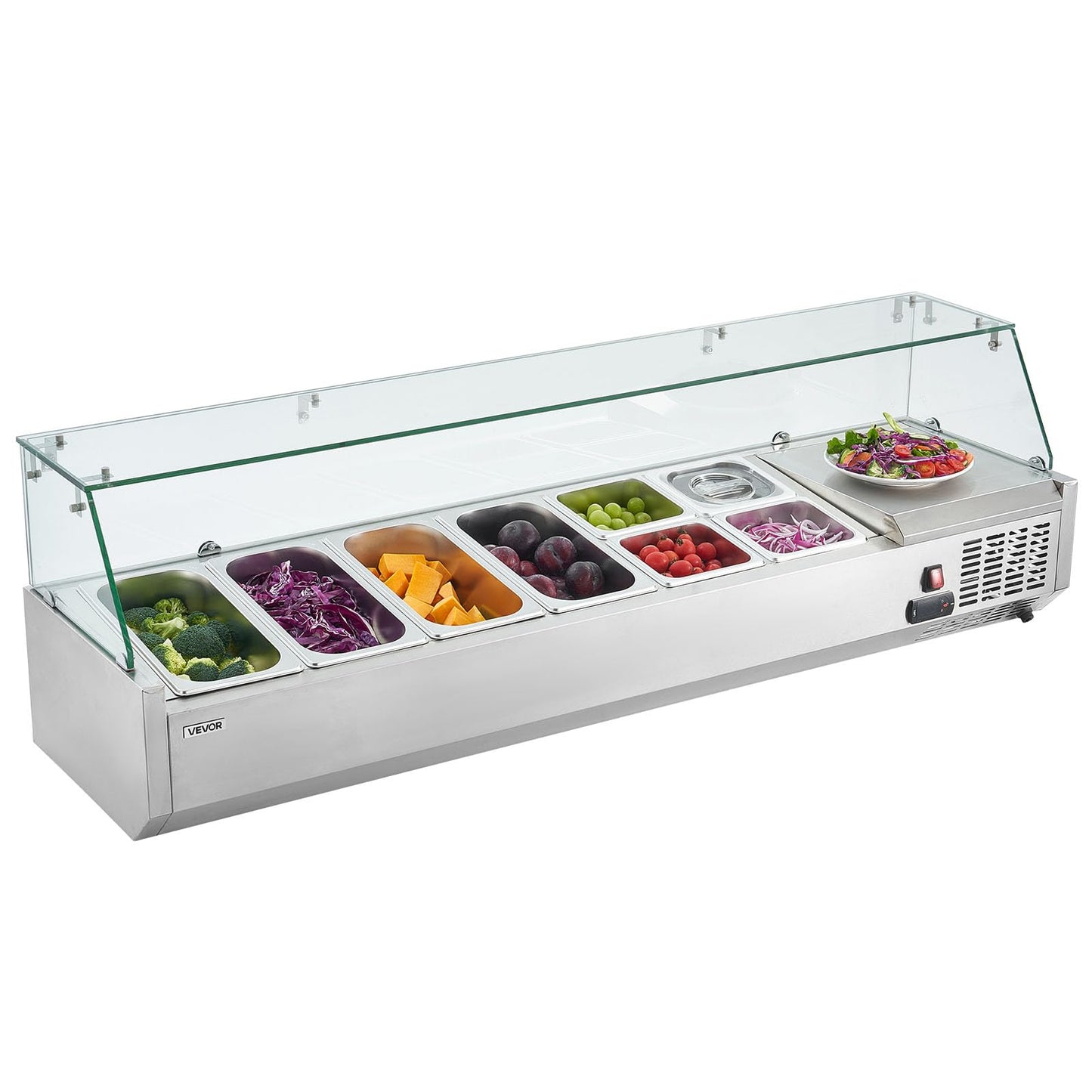 VEVOR Refrigerated Condiment Prep Station, 130 W Countertop Refrigerated Condiment Station, with Four 1/3 Pans & Four 1/6 Pans, 304 Stainless Body and PC Lid, Sandwich Prep Table with Glass Guard