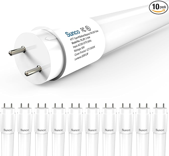 Sunco 10 Pack T8 LED Bulbs 4 Foot, Tube Light Bulbs Ballast Bypass, 48 Inch Fluorescent Replacement, 2200 LM, 18W, 5000K D...