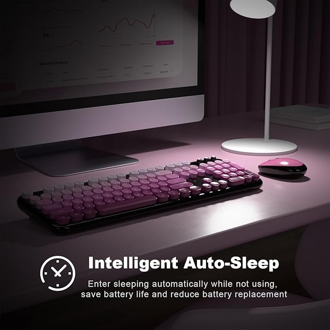 MOFII Wireless Keyboard and Mouse Combo, Full Size 2.4G Retro Round Computer Keyboard and Mouse Set, Plug and Play, for Windows, Computer, Desktop, PC, Notebook - (Black Pink Gradient)