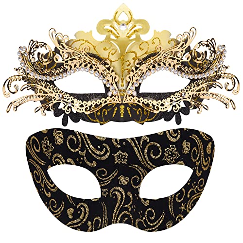SIQUK Couple Masquerade Masks Metal Venetian Party Mask Halloween Costume Mask Mardi Gras Mask for Couples Women and Men