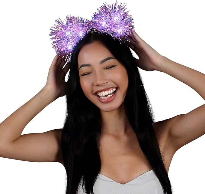 FlashingBlinkyLights Still-Light Sparkle Iridescent Pom Ears Light Up Party Headband