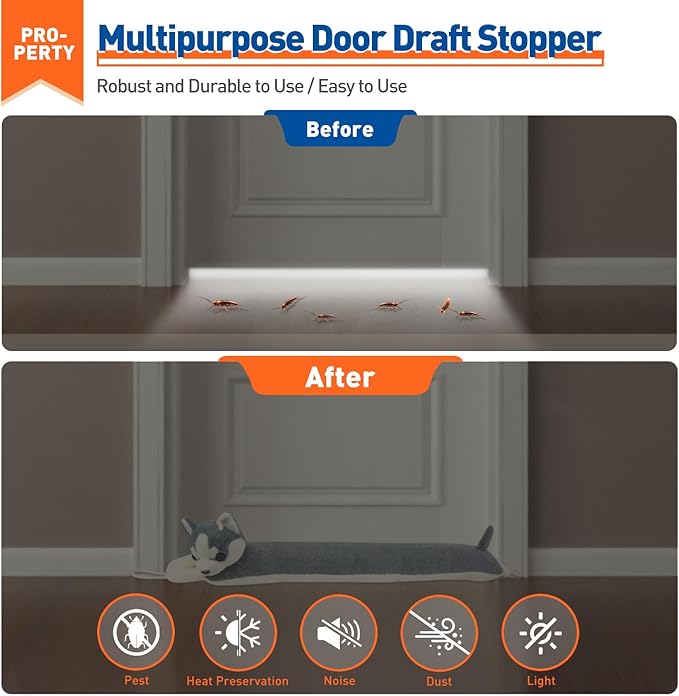 MAGZO Under Door Draft Stopper 36 Inch, Weighted Animal Noise Blocker for Door, Huskey Dog Draft Guard with Hook Loops