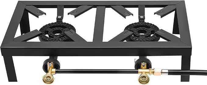 PROYONGOO Double Propane Burner Camping Stove, 18.90" X 9.84" X 4.53" Gas Stove with Regulator Hose, Portable Gas Burner f...
