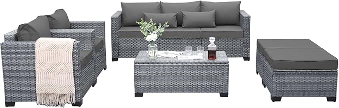 Lviden 6 Pieces Wicker Patio Furniture Sets Outdoor Conversation Set HDPE Rattan Sectional Sofa Couch with Storage Table and Grey Cushions