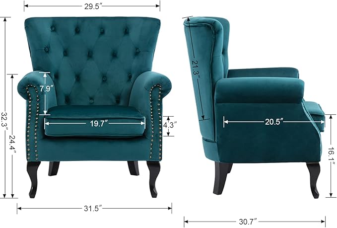 DM Furniture Mid Century Accent Chair Modern Button Tufted Armchair Wingback Club Chair Velvet Single Sofa Lounge Chair with Pillow for Living Room Bedroom, Teal Blue