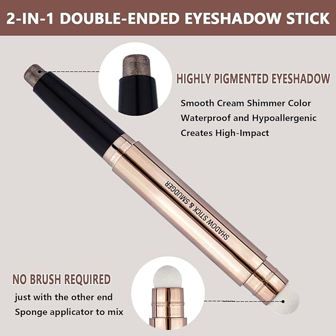 2 in 1 Cocoa Brown Eyeshadow Sticks and Sponge Makeup Brush Silky Cream Glitter Eyeshadow Pencil Crayon Long Lasting Waterproof Eye shadow Highlighter Stick Pen(Thriving brown shimmer 07#)