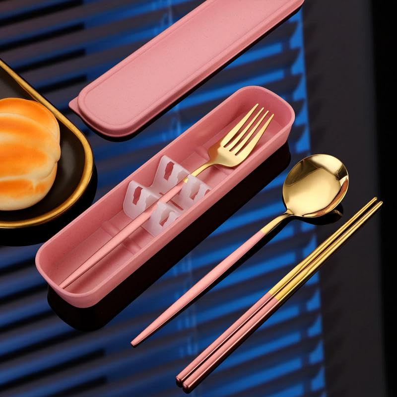 Stainless Steel Cutlery Set with Storage Box, 4 Counts Portable Reusable Utensils Set for Home Office School Camping Trave...