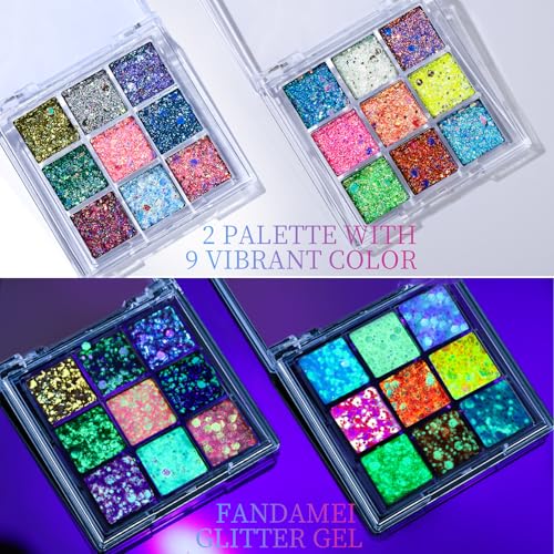 FANDAMEI Glow in The Dark Glitter, 2 Glitter Gel Palette 18 Grids Face Body Hair Glitter for Glow in The Dark Glitter Make...