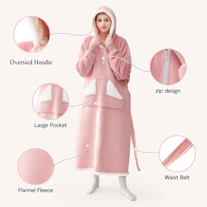 Wearable Blanket Hoodie as Gifts for Women, Long Sherpa Fleece Hooded Blankets with Oversize Hood and Pocket, Warm and Cozy Sweatshirt with Belt, Winter Gift