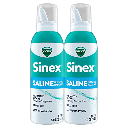 Vicks Sinex SALINE Nasal Spray, Drug Free Ultra Fine Mist, Clear Everyday Sinus Congestion Fast, Clear Mucus from a Cold or Allergy, Daily Use 5.0 fl oz x 2