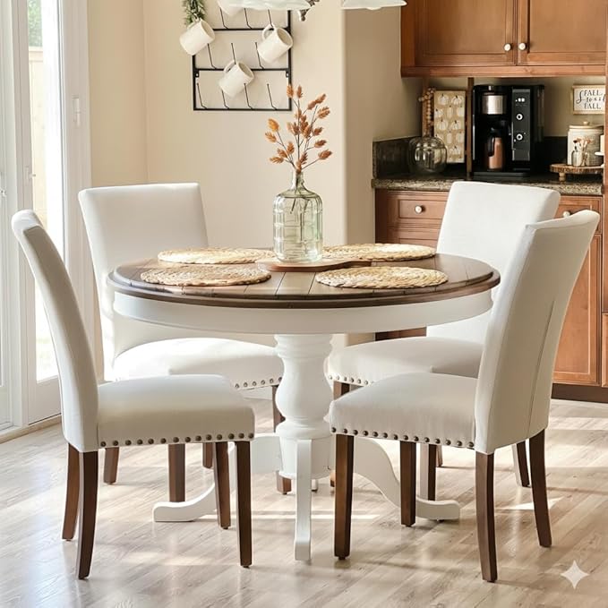 COLAMY Upholstered Dining Chairs Set of 4, Parsons Style Linen Beige Accent Chairs with High Back, for Round Kitchen Table...