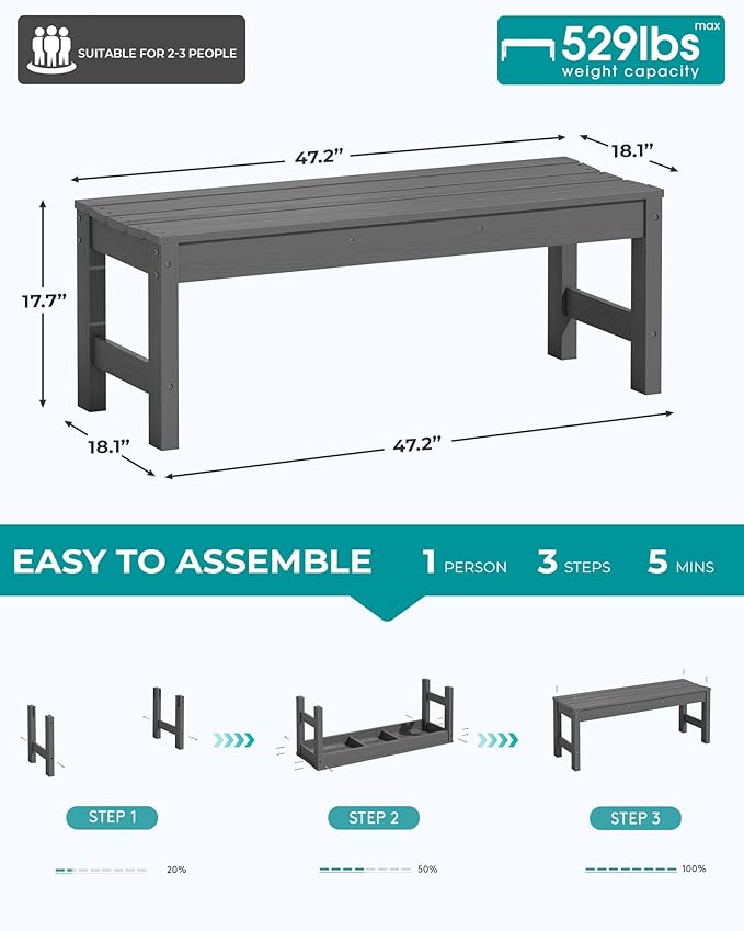 SERWALL 47 Inches Outdoor Bench, All Weather HDPE Backless Bench with Wood Grain Texture for Garden Porch and Park, Curved Bench Seat for Comfort, Grey
