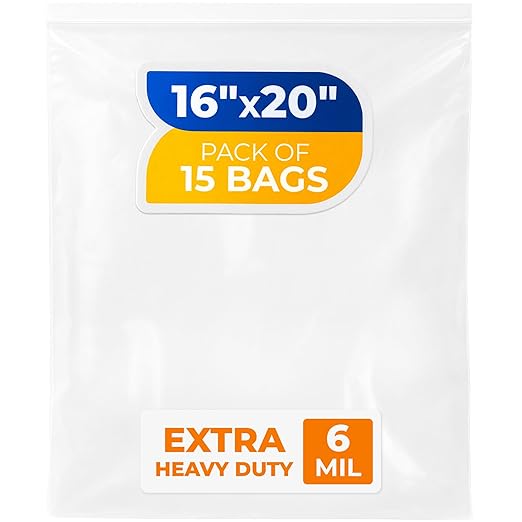 16" x 20" Large Zip Seal Lock Bags, 6 Mil (Pack of 15) – Heavy-Duty Reclosable Plastic Bags – Clear, Resealable, Waterproof – For Storing and Organizing Clothes, Jewelry, and Travel Items