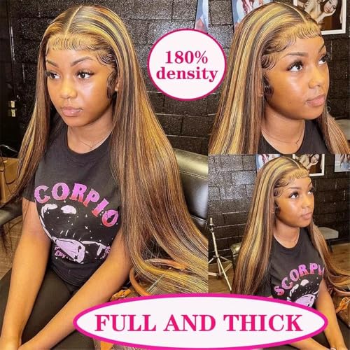 SIFULAN 13x4 Honey Blonde Lace Front Wig Human Hair 180 Density 22 Inch Highlight Ombre Straight HD Transparent Lace Pre Plucked Human Hair Wigs for Women P4/27 Color
