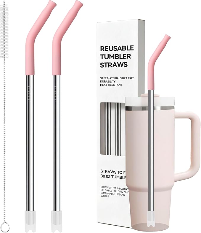 Metal Straw Replacement for Stanley 30 OZ Tumbler,11″ Long Stainless Steel Drinking Straws with Black Silicone Tip for STANLEY Quencher 30 oz Cups,100% BPA Free,Reusable,Dishwasher Safe(Light Pink