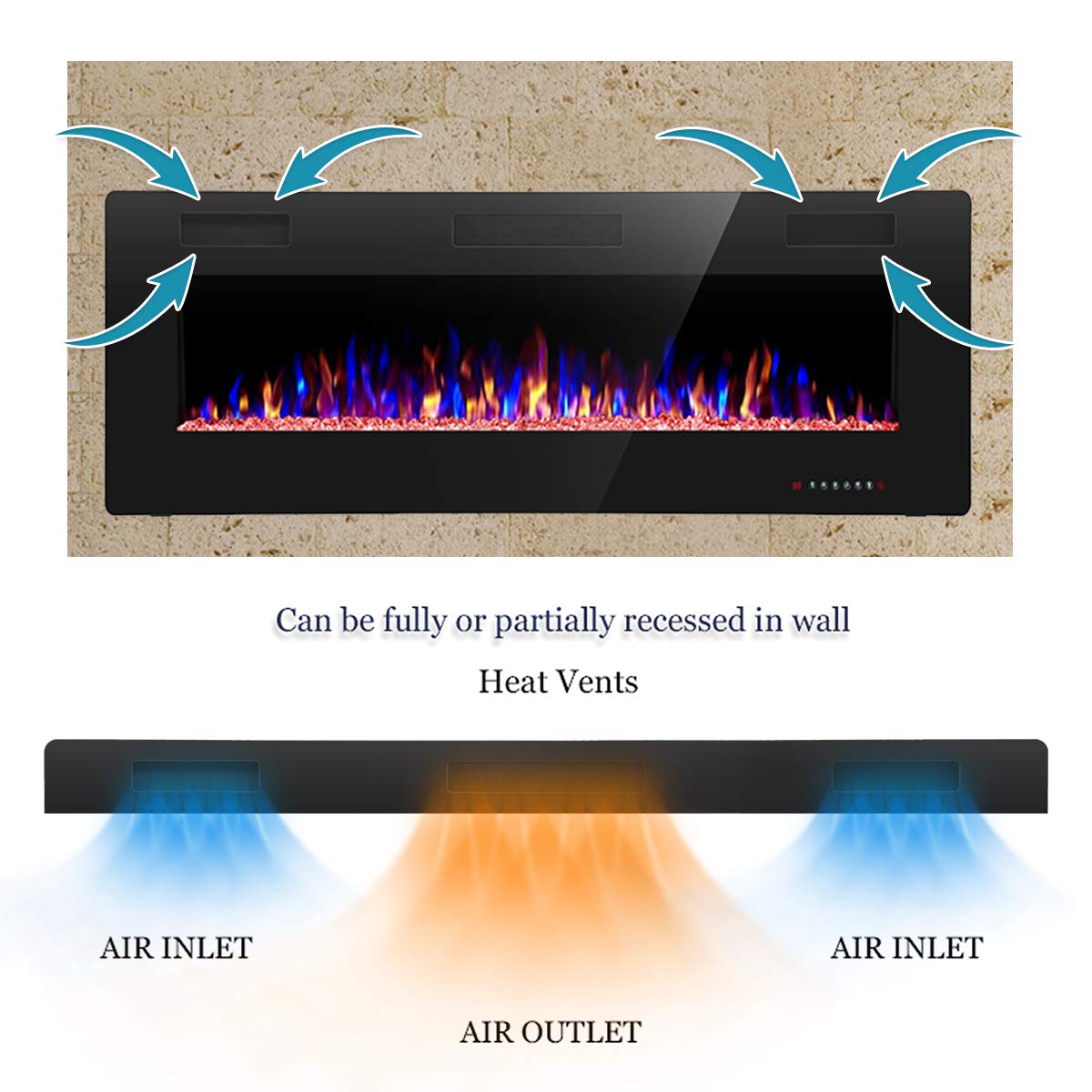 R.W.FLAME Electric Fireplace 50 inch Recessed and Wall Mounted,The Thinnest FireplaceLow Noise, Fit for 2 x 6 Stud, Remote Control with Timer,Touch Screen,Adjustable Flame Colors and Speed
