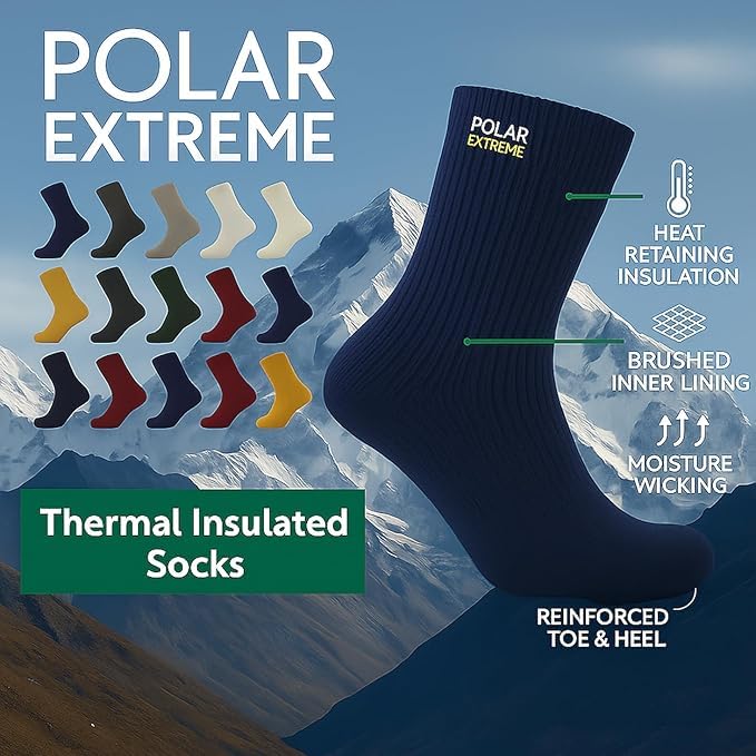 Polar Extreme Thermal Hiking Socks – Cushioned, Insulated, Warm para Boots, Men & Women, One Size Fits Most 6-12, 2-Pack