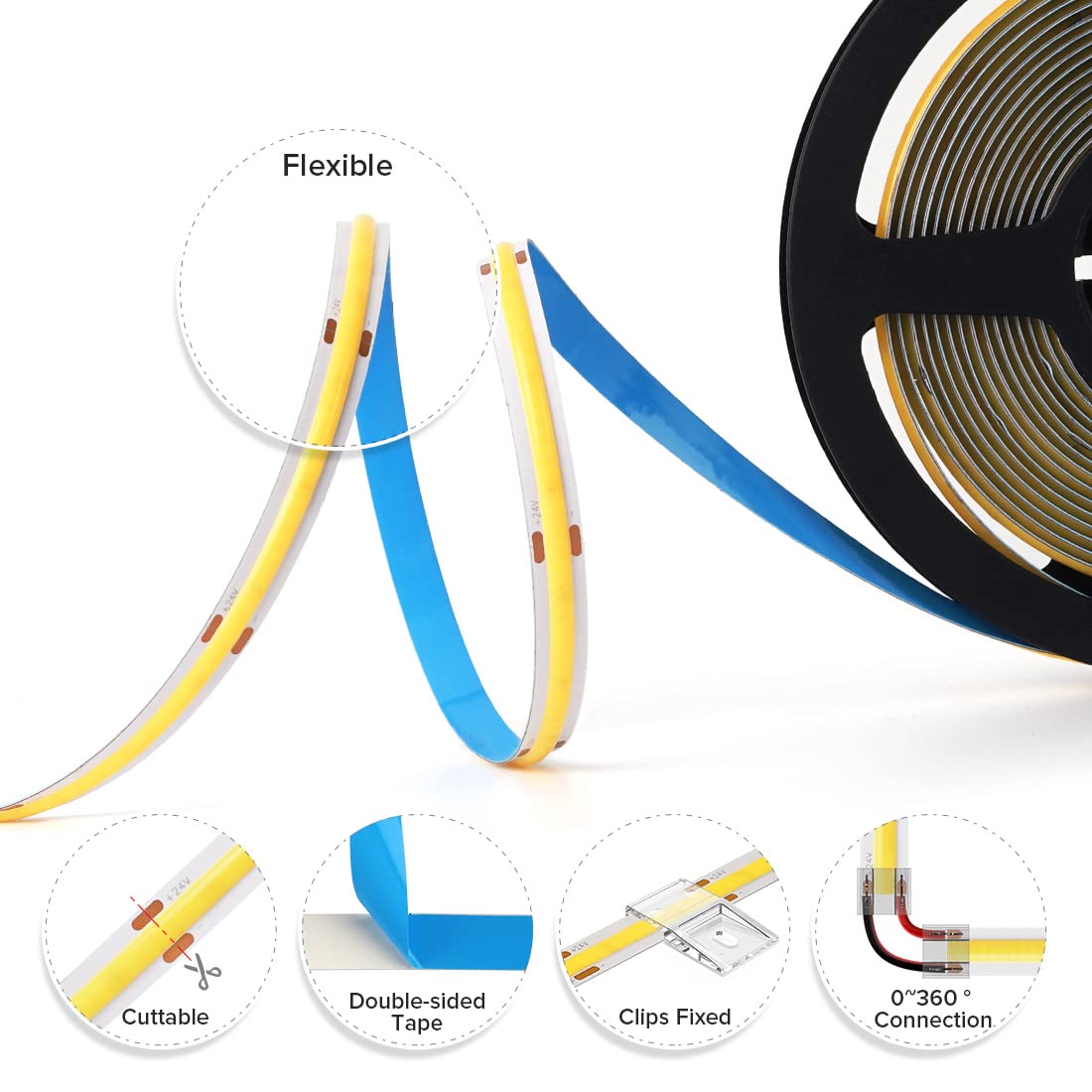 BTF-LIGHTING FCOB COB LED Strip Flexible High Density Uniform Light 8W/m 32.8FT DC24V Natural White 4000K CRI 90+ 8mm Width LED Ribbon for Bedroom Indoor Decor(No Adapter or Controller)