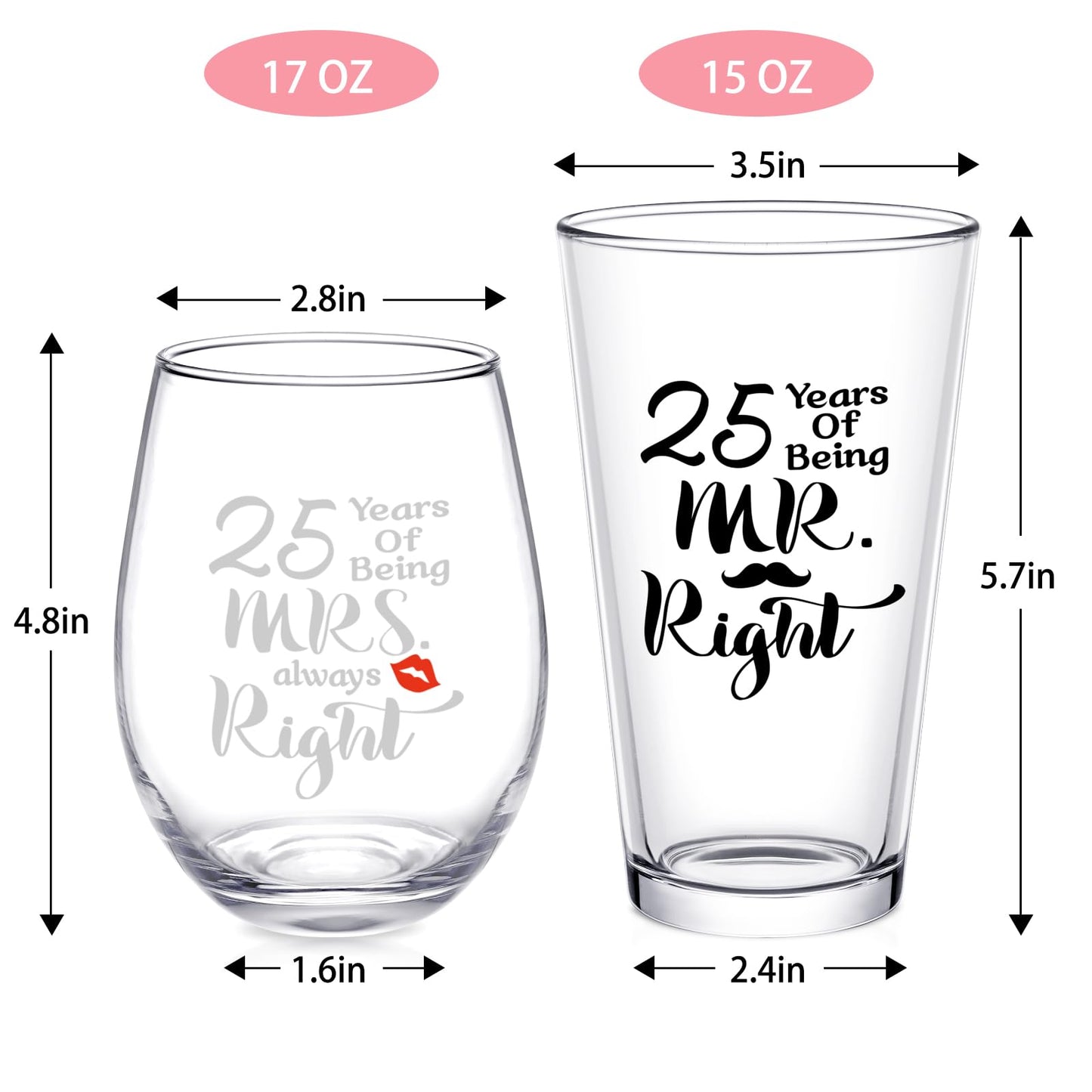 Futtumy 25th Anniversary Glass Gifts Set, 25 Years of Being Mr Right & Mrs Always Right 17oz Wine 15oz Beer Glass, 25th Wedding Anniversary for Wife Husband Couple Parents Grandparents Friends
