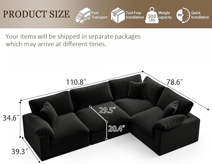 Forest aesthetics Modular Sectional Sofa, 4 Seater Cloud Couch,Down Filled Comfy Cloud Modern Sofa,Black Linen Oversized Couch Cushion Covers Removable for Living Room