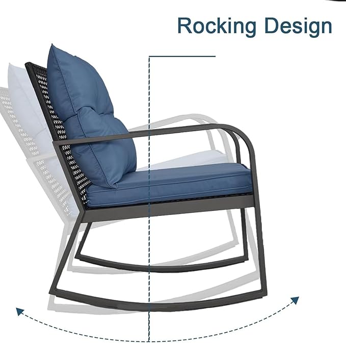 HLNPTN 3 Piece Rocking Bistro Patio Set, Outdoor Rocking Chair, Outdoor Bistro Sets Wicker Patio Furniture Rocking Chairs Sectional Couch with Tempered Glass Top Coffee Table & Cushions, Dark Blue